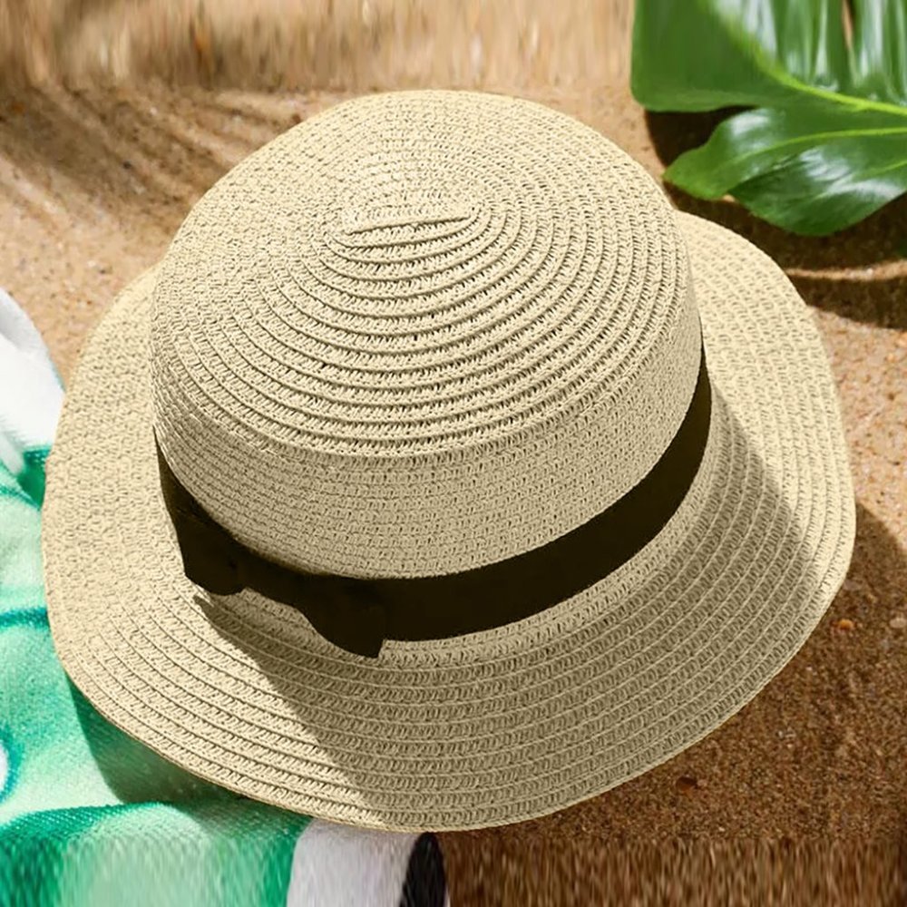 Beige Bow Band Straw Hat
